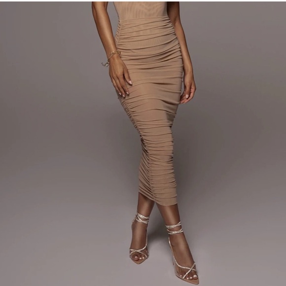 Jluxlabel Nude Beige Ruched Mesh Skirt - Picture 13 of 13